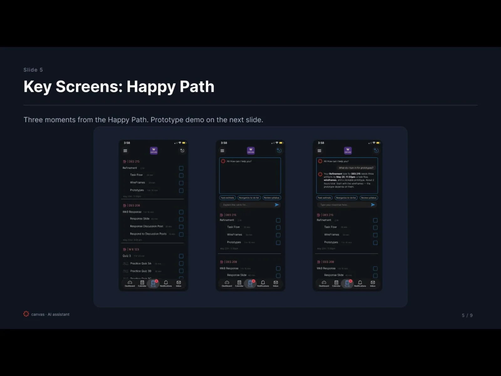 Canvas AI assistant key screens