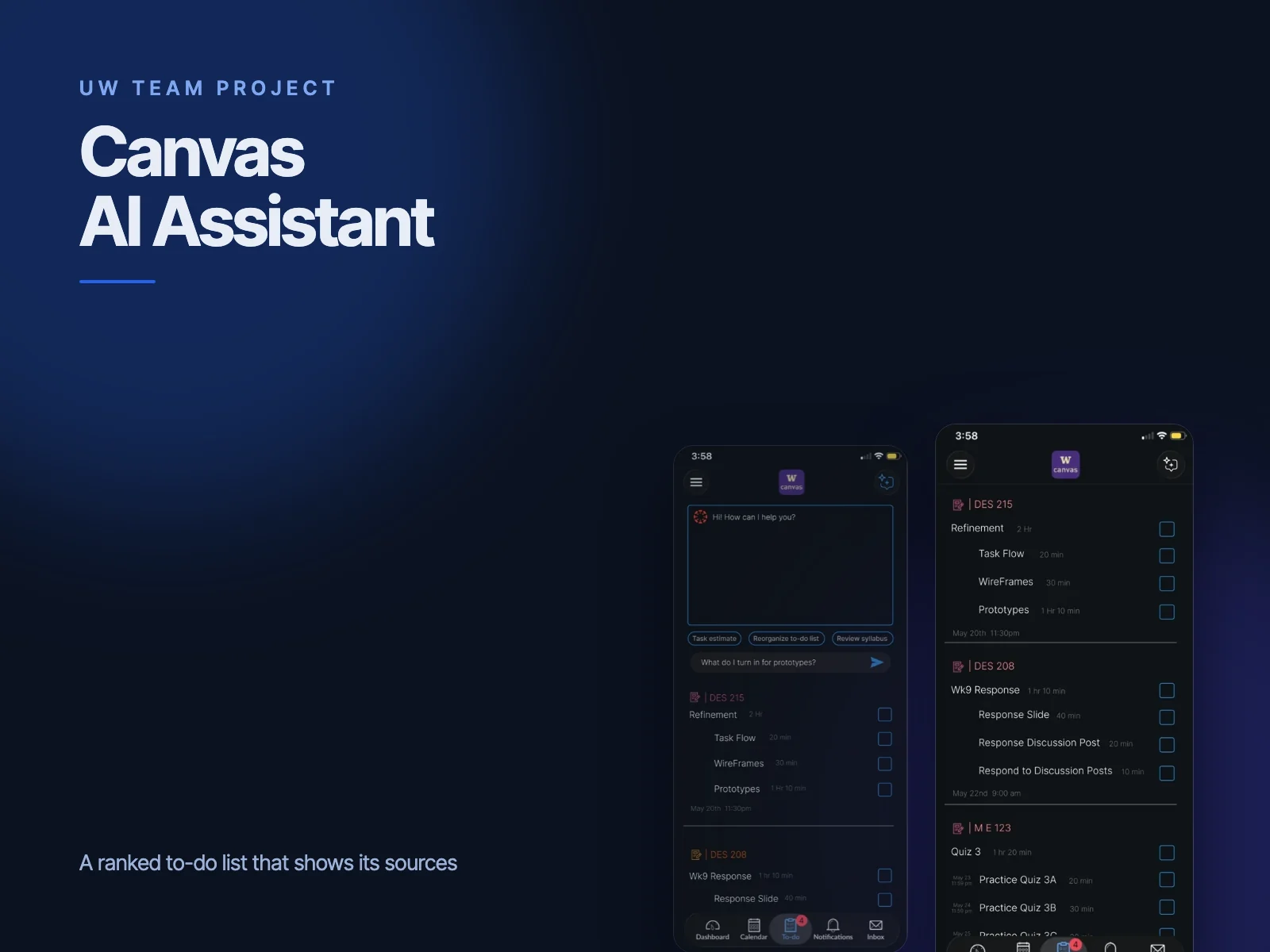 Canvas AI Assistant: two prototype screens showing the ranked to-do list
